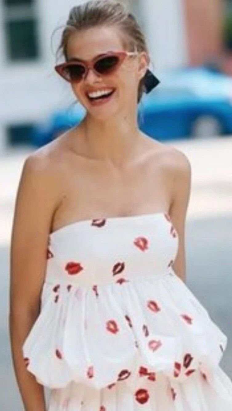 Anthropologie Maeve NWT Strapless Babydoll Bubble Blouse Lip Print Coquette S
